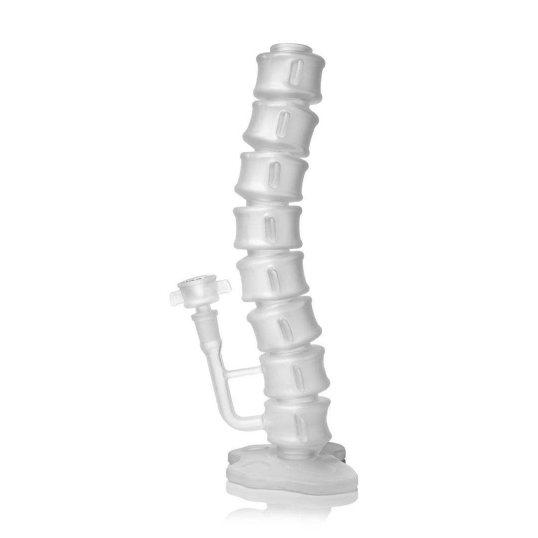 MJ Arsenal Skele-Tube Bong, a 12.5 inch frosted borosilicate water pipe built as a stack of skeleton vertebrae, with the included 14mm frosted flower bowl seated in the angled side joint