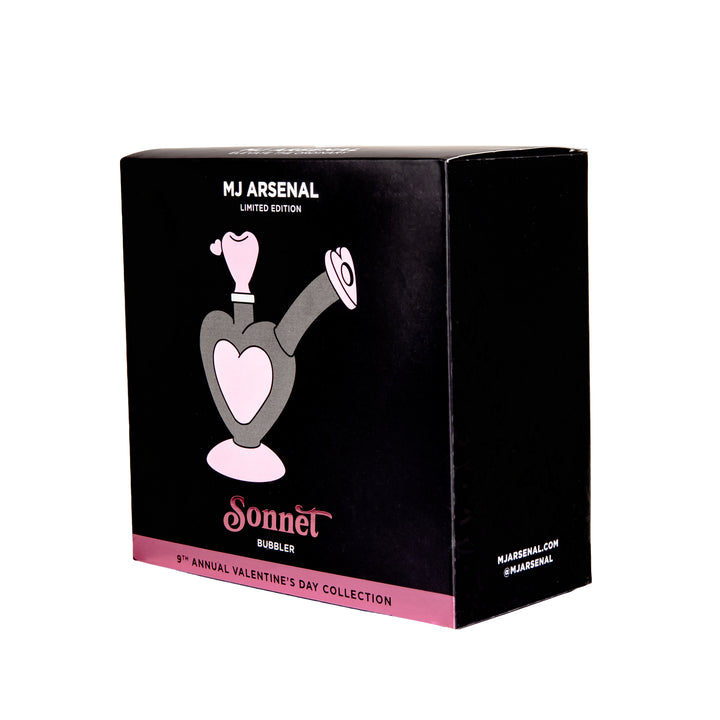MJ Arsenal Sonnet Bubbler retail box front showing MJ Arsenal branding and Valentine’s Sonnet artwork