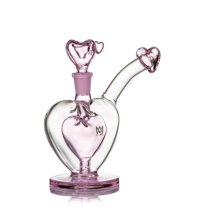MJ Arsenal Sonnet Bubbler full view showing heart-shaped chamber, curved neck, and compact Valentine’s glass design