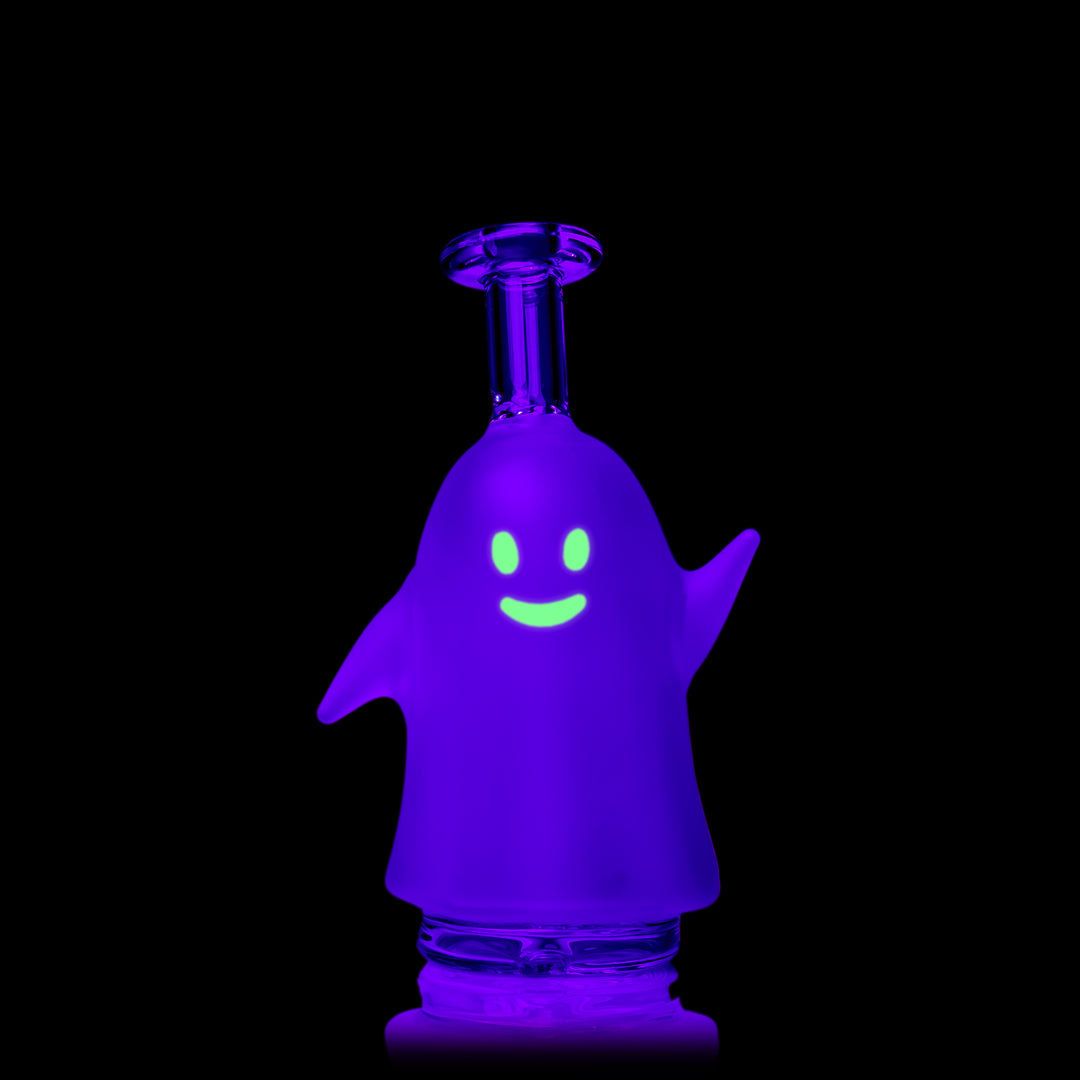 MJ Arsenal Specter Peak Top under black light, the ghost glowing with a green smile, front view
