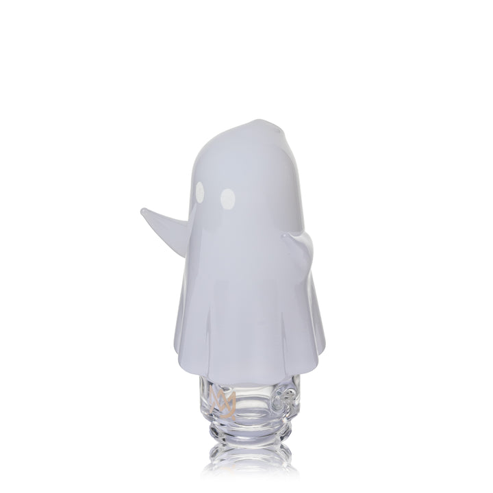 MJ Arsenal Specter Pivot Top from the side, showing the frosted ghost body and the clear glass base that seats into the Puffco Pivot