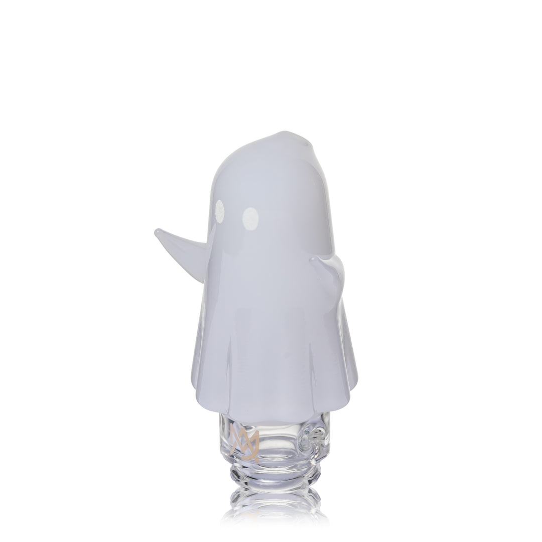 MJ Arsenal Specter Pivot Top from the side, showing the frosted ghost body and the clear glass base that seats into the Puffco Pivot