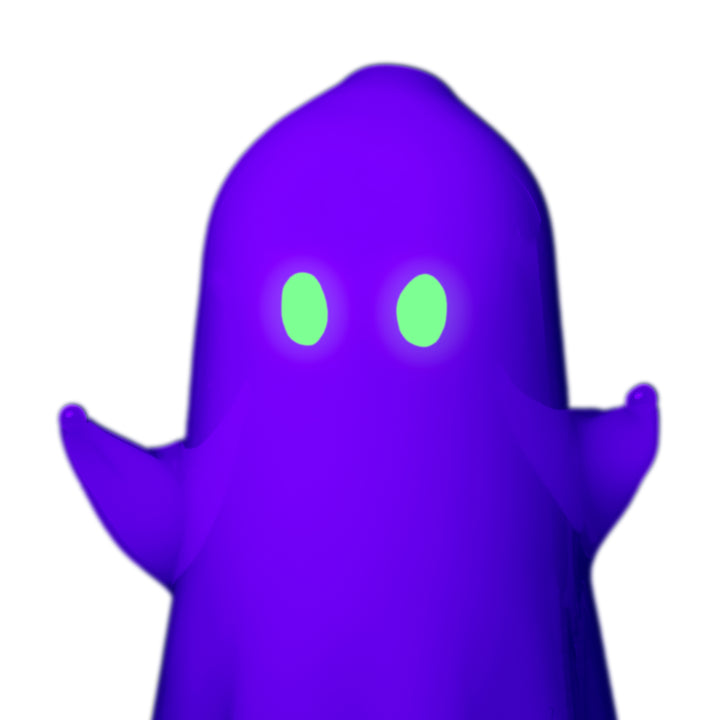 Close-up of the MJ Arsenal Specter Pivot Top under black light, the glowing ghost face and green eyes