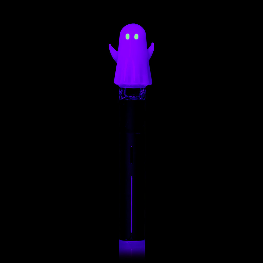 MJ Arsenal Specter Pivot Top glowing under black light, fitted on a Puffco Pivot, front view