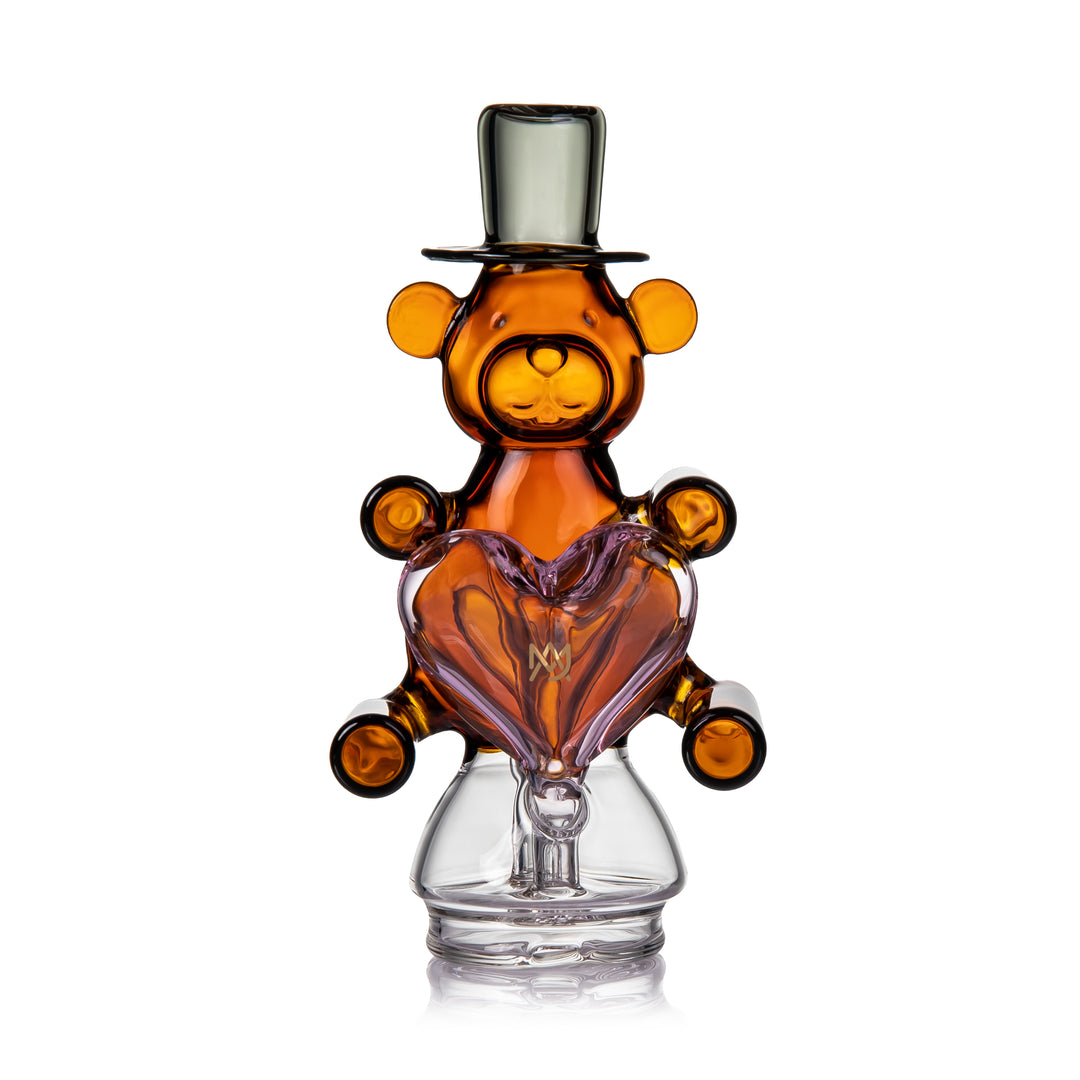 MJ Arsenal Teddy Peak Top front view Puffco Peak glass attachment teddy bear figure with heart percolator and clear base
