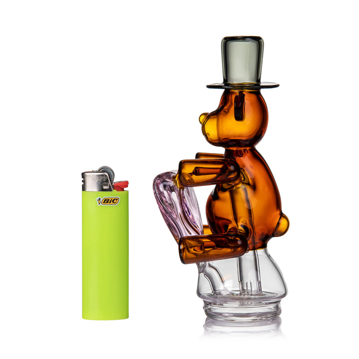 MJ Arsenal Teddy Peak Top size comparison with lighter Puffco Peak glass top teddy bear design and heart perc