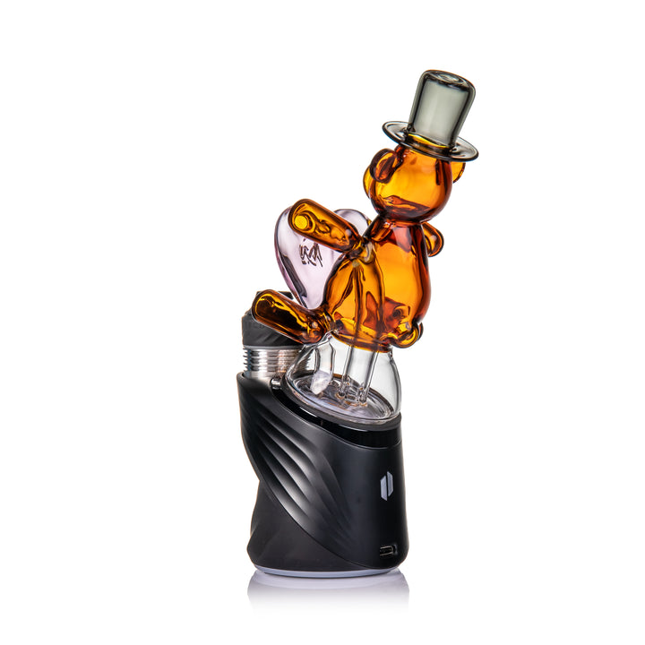 MJ Arsenal Teddy Peak Top on Puffco Peak side angle showing glass top seated on device