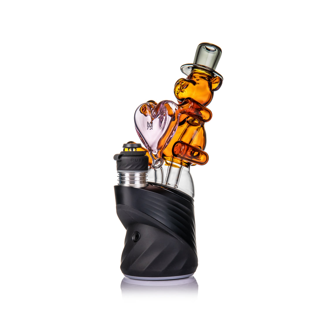 MJ Arsenal Teddy Peak Top on Puffco Peak right angle showing teddy bear design and heart perc