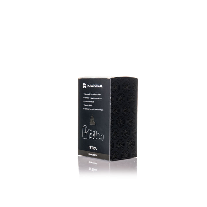 MJ Arsenal Tetra Hand Pipe retail packaging back — product specifications and Andy Roth design credit