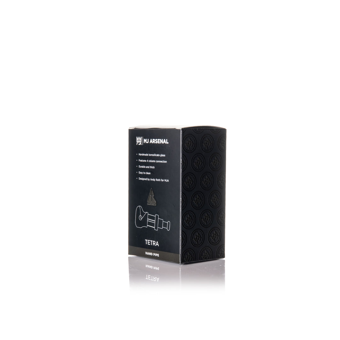 MJ Arsenal Tetra Hand Pipe retail packaging back — product specifications and Andy Roth design credit