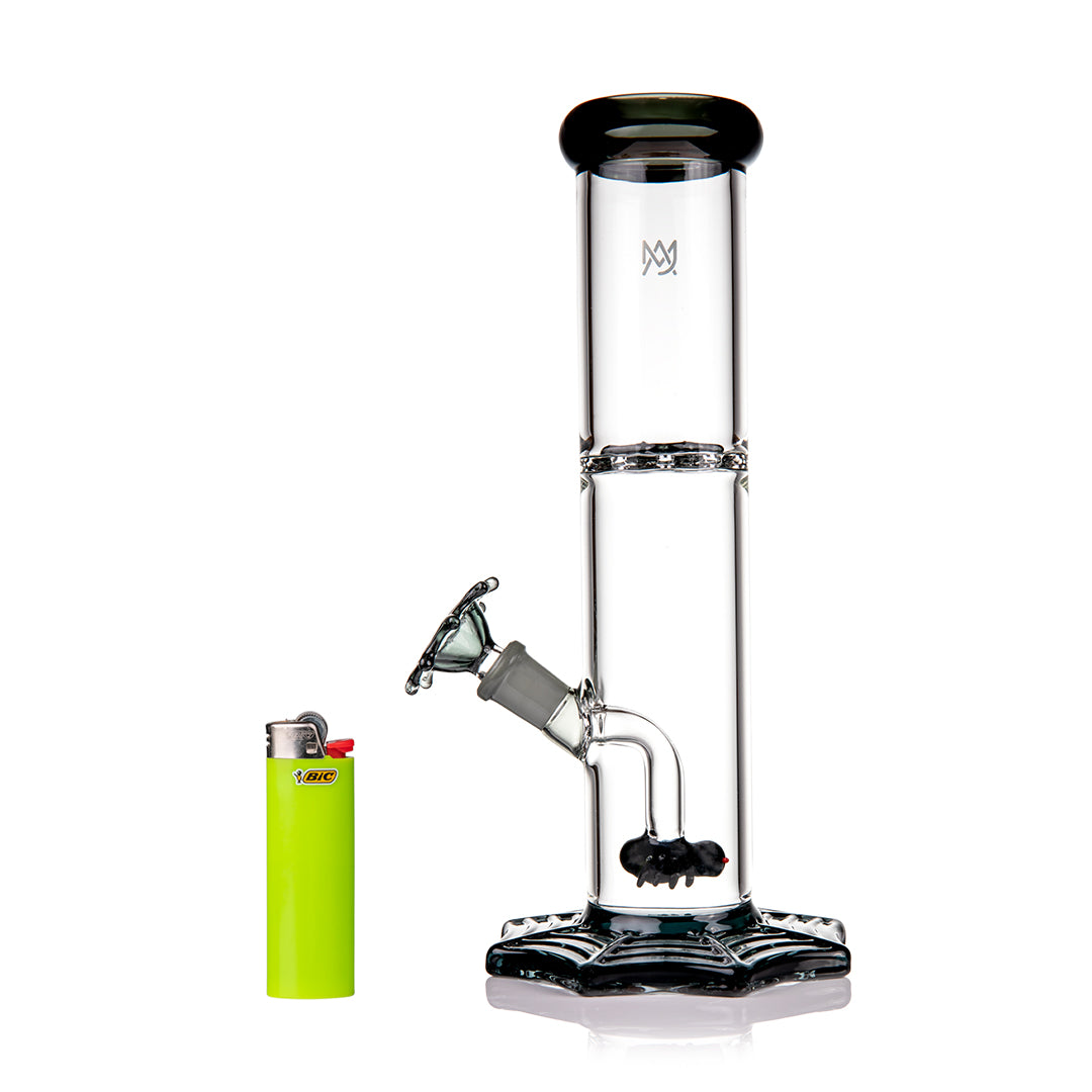 MJ Arsenal Widowmaker Bong next to green lighter for scale comparison – 9.75 inch spiderweb base glass bong