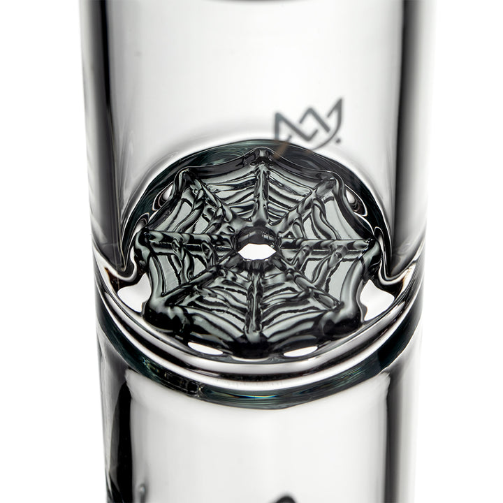 Close-up detail of MJ Arsenal Widowmaker web ice catcher inside bong
