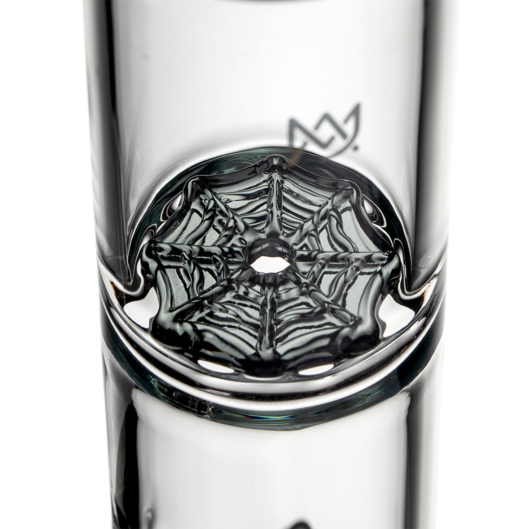 Close-up detail of MJ Arsenal Widowmaker web ice catcher inside bong