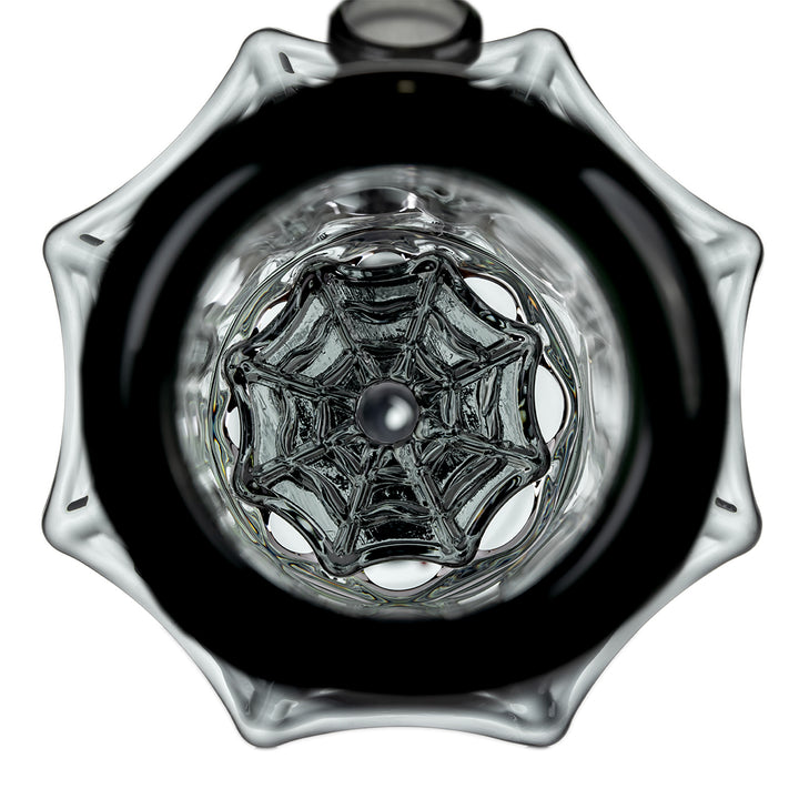 Top-down view of MJ Arsenal Widowmaker Bong mouthpiece and built-in spiderweb ice catcher