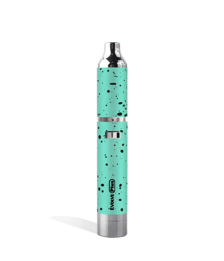 Wulf Mods Evolve Plus Vaporizer in Teal and Black Splatter colorway, upright view highlighting body finish and single-fire button design.