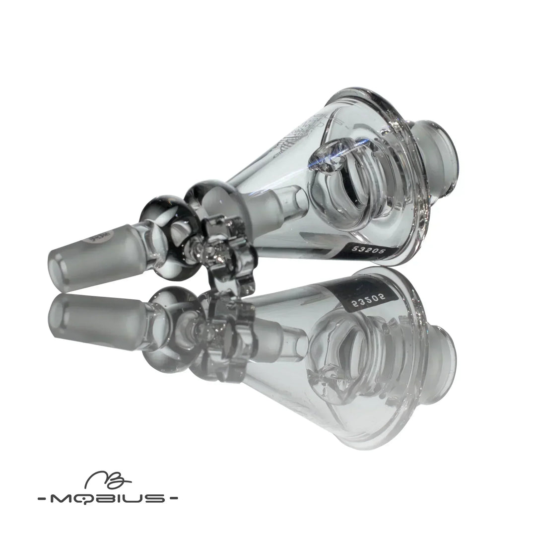 Mobius Snap Trap (Female Fitting) shown from side angle with frosted connectors and durable glass for efficient smoke filtration.