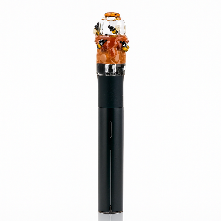 Empire Glassworks Puffco Pivot Top – Save the Bees edition mounted on Pivot, yellow honeycomb and bee design.