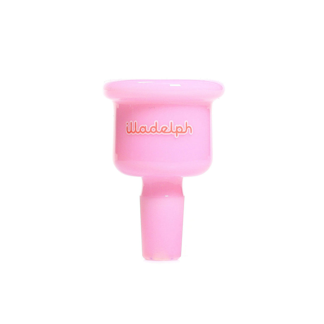 illadelph 14mm multi hole bell slide in milky pink displayed upright showing the bell design and precision 14mm male bowl engineered for smoother airflow and cleaner pulls