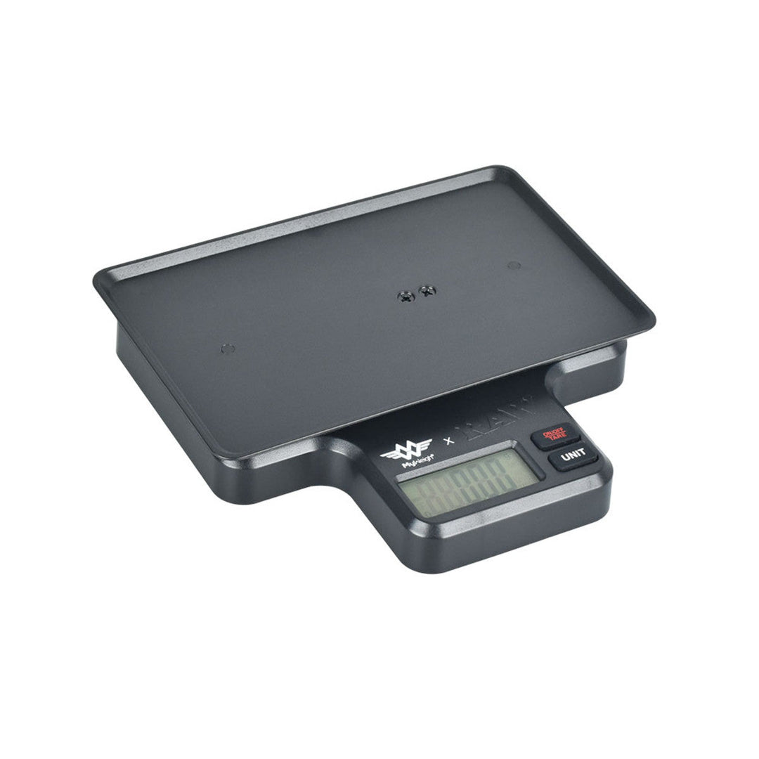 My Weigh x RAW Tray Scale — digital scale with RAW rolling tray, alternate angle
