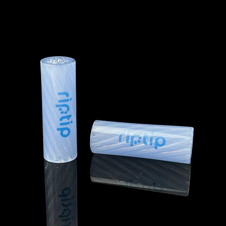 Mystique blue Gordo Scientific Rip Tips with orange logo, reusable glass filter tips for joints, displayed on white caps for retail presentation.