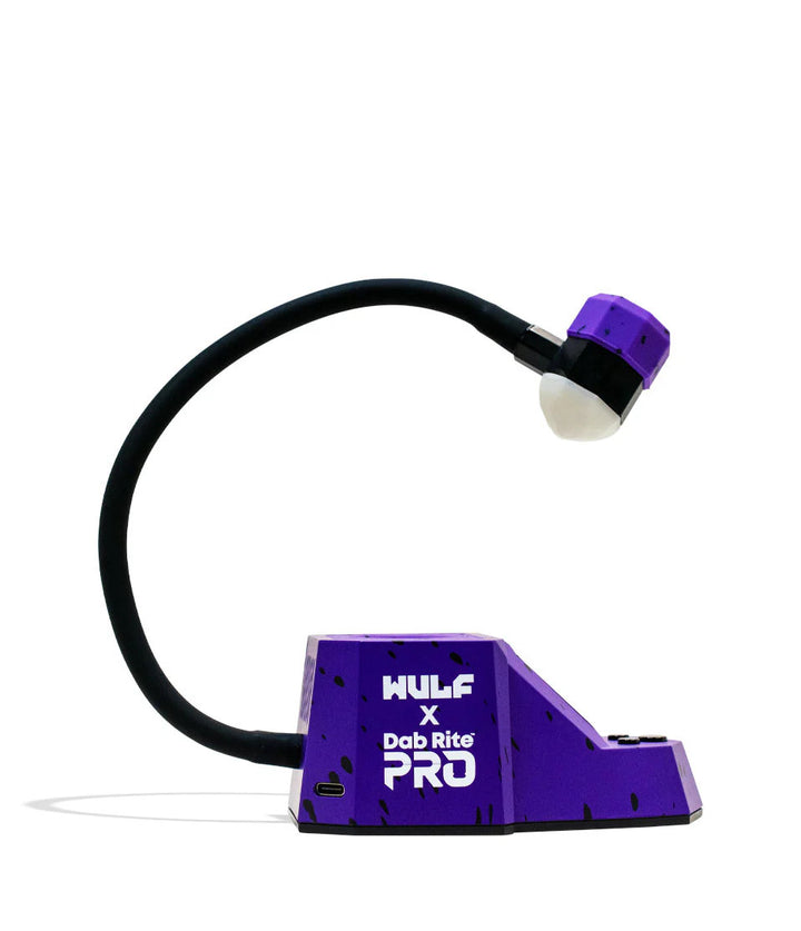 Dab Rite x Wulf Mods Pro Digital IR Thermometer in Purple and Black Splatter showing extended sensor arm designed for hands-free infrared temperature reading.