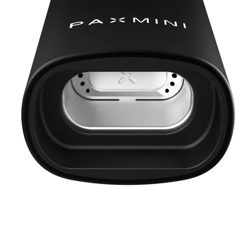 New PAX Mini dry herb vaporizer in Onyx, open oven showing stainless steel chamber