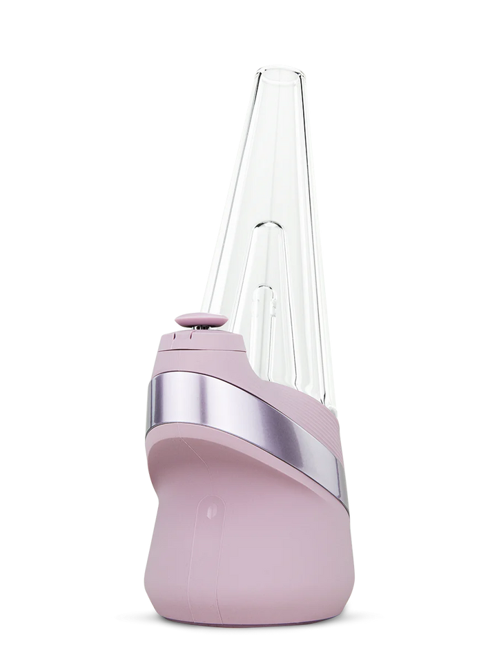 Puffco Peak Vaporizer in Bliss – pastel pink silicone base with clear glass top, angled front-left.