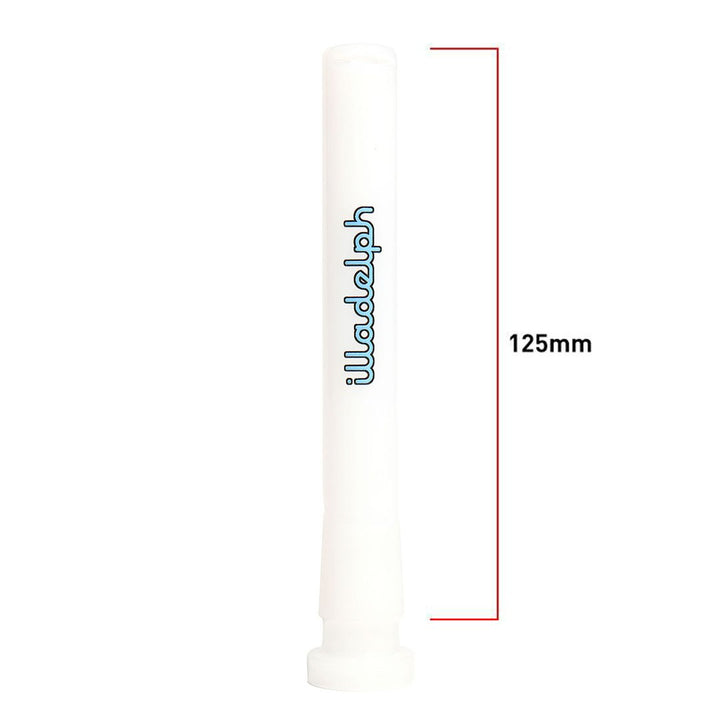 Illadelph Micro OG Downstem in White with Blue Logo – 125mm precision glass downstem, 14mm female to 18mm male joint, fits Illadelph OG Series.