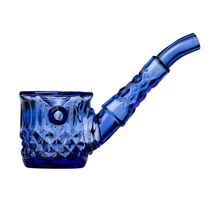 NWTN Home Highball hand pipe in Lapis blue glass, side view showing the diamond and wedge cut bowl and tapered stem