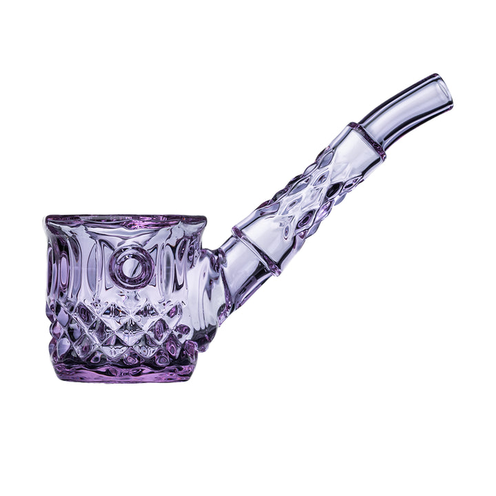 NWTN Home Highball hand pipe in Orchid purple glass, side view showing the diamond and wedge cut bowl and tapered stem