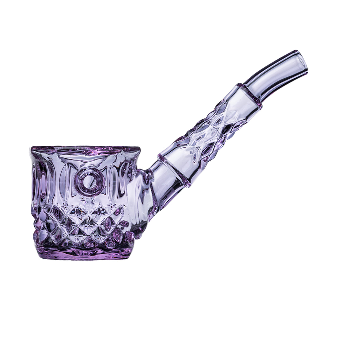 NWTN Home Highball hand pipe in Orchid purple glass, side view showing the diamond and wedge cut bowl and tapered stem