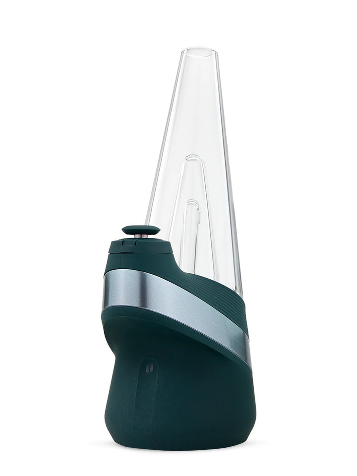 Puffco Peak Vaporizer in Pine – dark green base with glass cone, front-left angle.