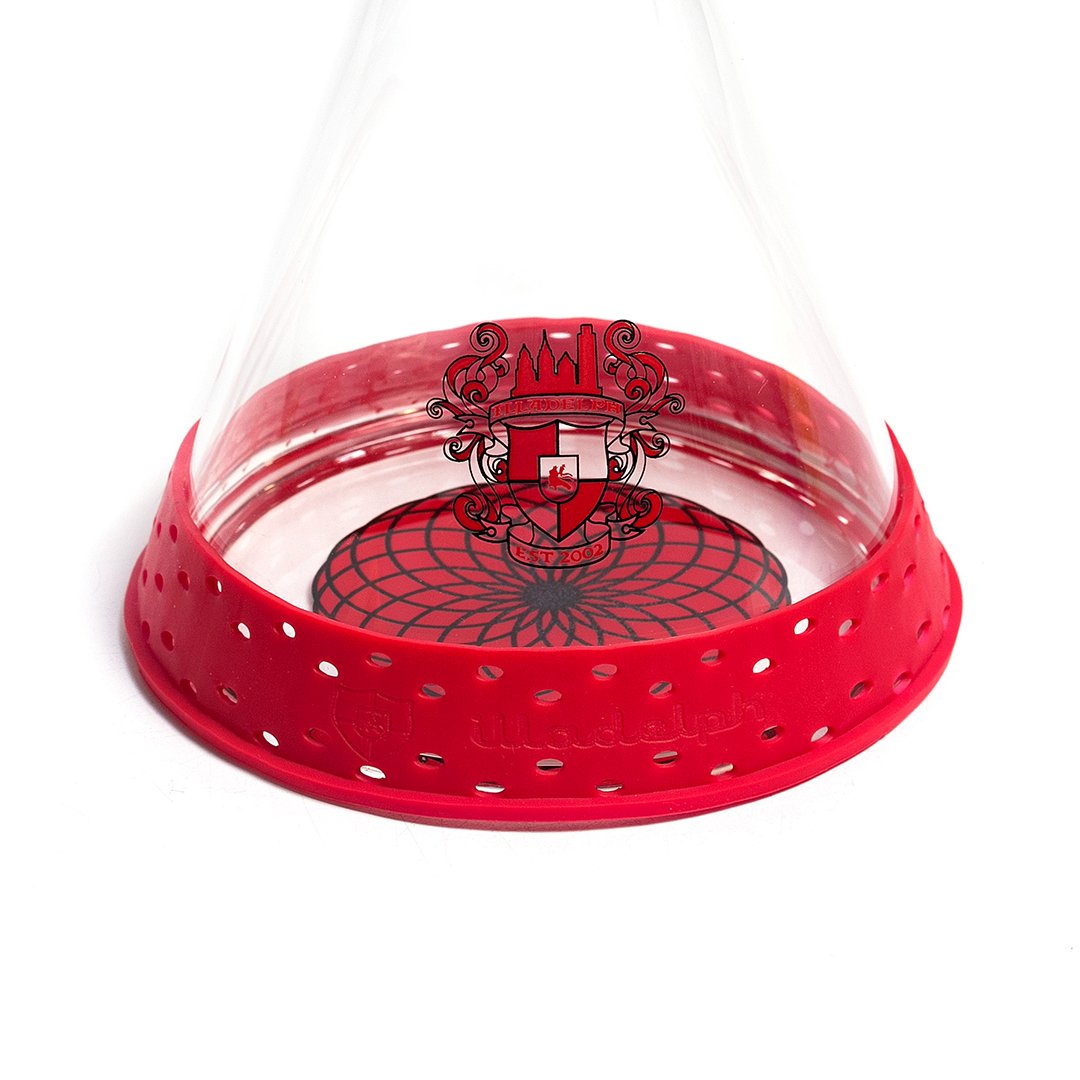 illadelph mini base bumper in red silicone shown from an angled top view highlighting the precision cut design that fits illadelph mini and micro beakers
