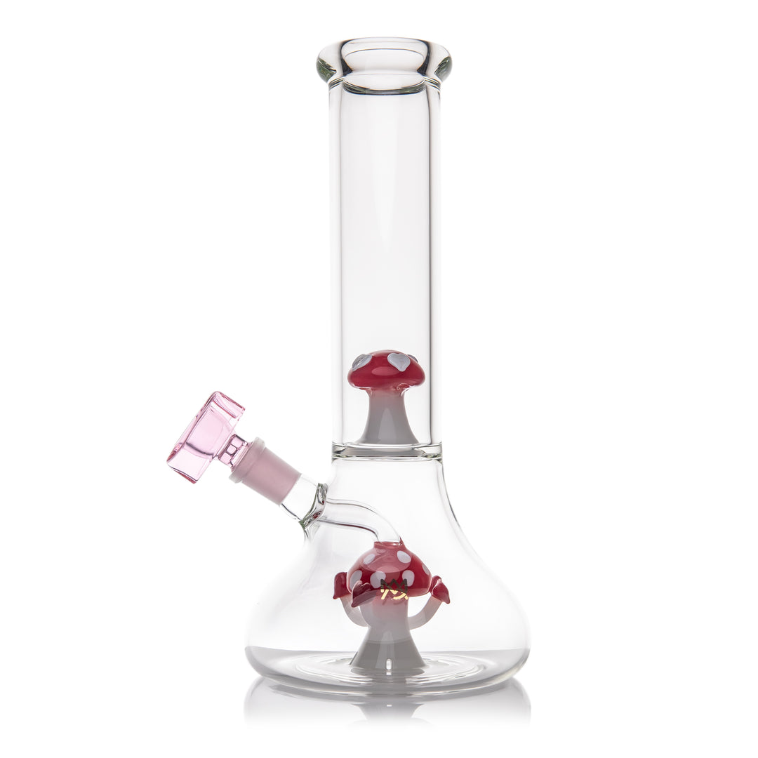 MJ Arsenal - Lovecap Water Pipe featuring a red mushroom percolator and pink heart-shaped bowl, made from thick borosilicate glass.