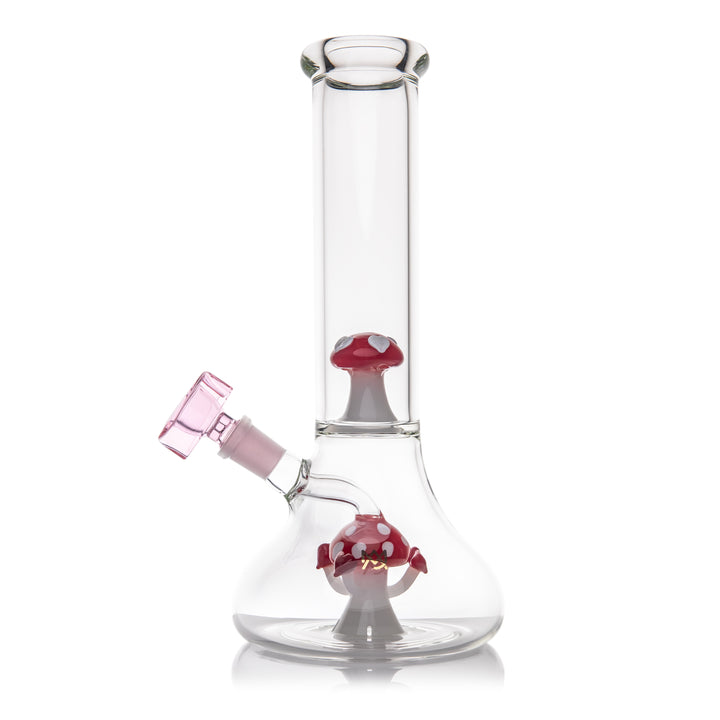 MJ Arsenal - Lovecap Water Pipe featuring a red mushroom percolator and pink heart-shaped bowl, made from thick borosilicate glass.