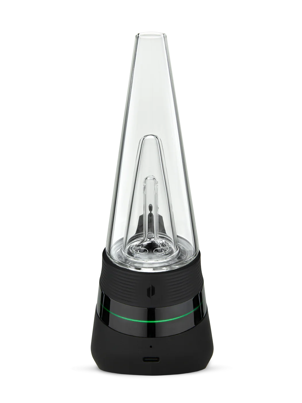 Puffco Peak Onyx – rear image with glass cone, black silicone grip, and vapor channel.