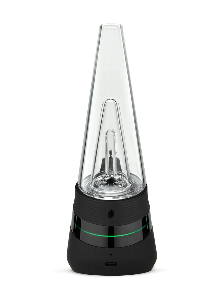 Puffco Peak Onyx – rear image with glass cone, black silicone grip, and vapor channel.