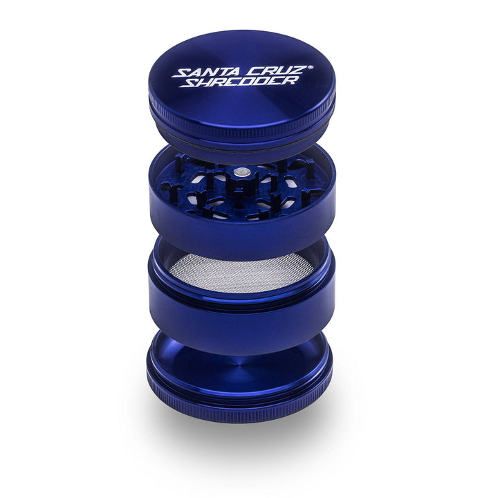Purple Santa Cruz Shredder grinders showing top lid and sifter screen