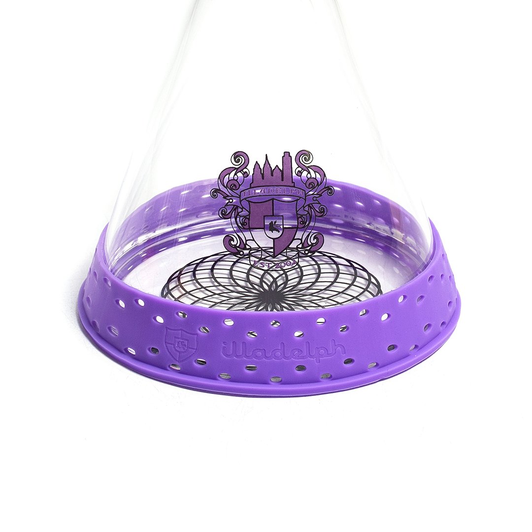 illadelph mini base bumper in purple silicone displayed from above to show ventilation pattern and reinforced silicone designed for illadelph beaker protection
