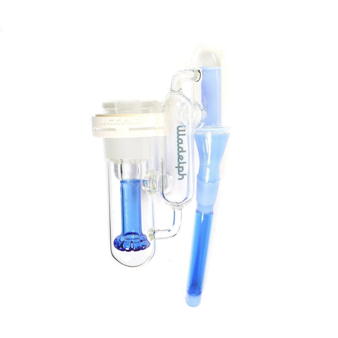 Illadelph Encalmo Disc Ash Catcher with blue accents and 18mm female joint, designed for enhanced smoke filtration and premium glass aesthetics.