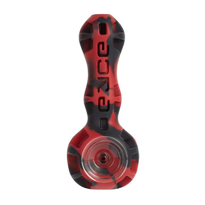 Eyce - Silicone Spoon in red and black camo design, heat-resistant silicone pipe with glass bowl for reliable smoking experience.