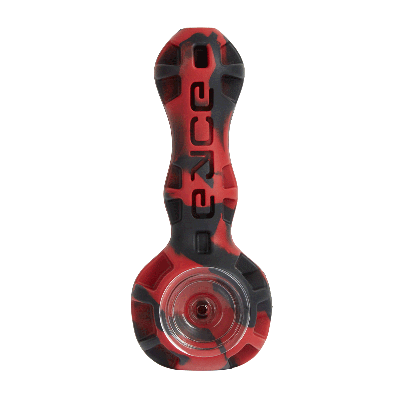 Eyce - Silicone Spoon in red and black camo design, heat-resistant silicone pipe with glass bowl for reliable smoking experience.
