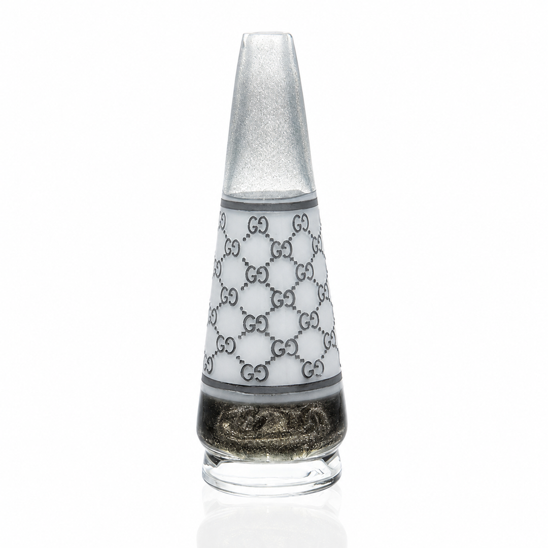 Pakoh Gucci Puffco Peak Top – white glass cone with sandblasted monogram, iridescent mouthpiece and dark sparkle base.