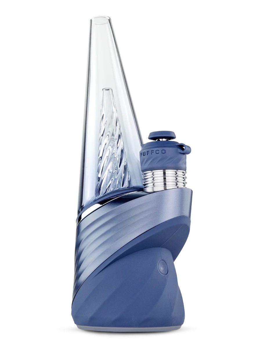 Puffco Peak Pro Storm 3DXL – front-facing image highlighting blue base and tall glass cone.