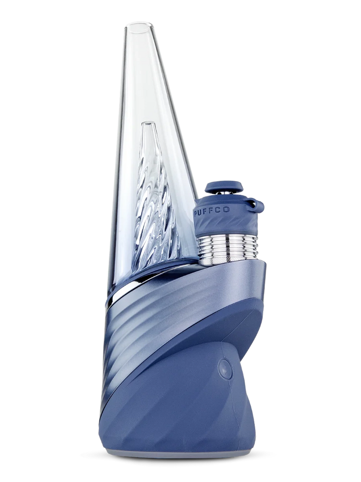 Puffco Peak Pro Storm 3DXL – front-facing image highlighting blue base and tall glass cone.