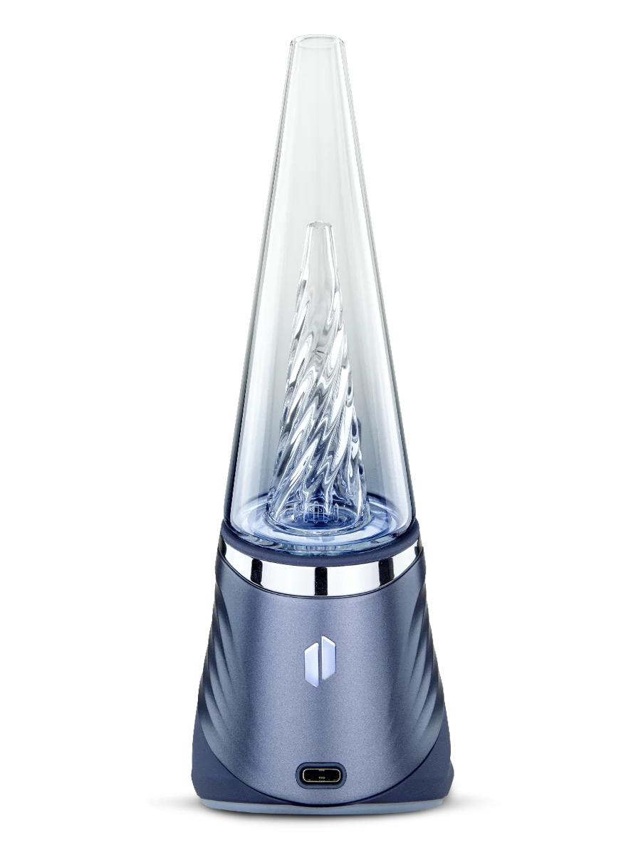 Puffco Peak Pro 3DXL Storm – close back shot of cone glass and chamber sitting on blue base.
