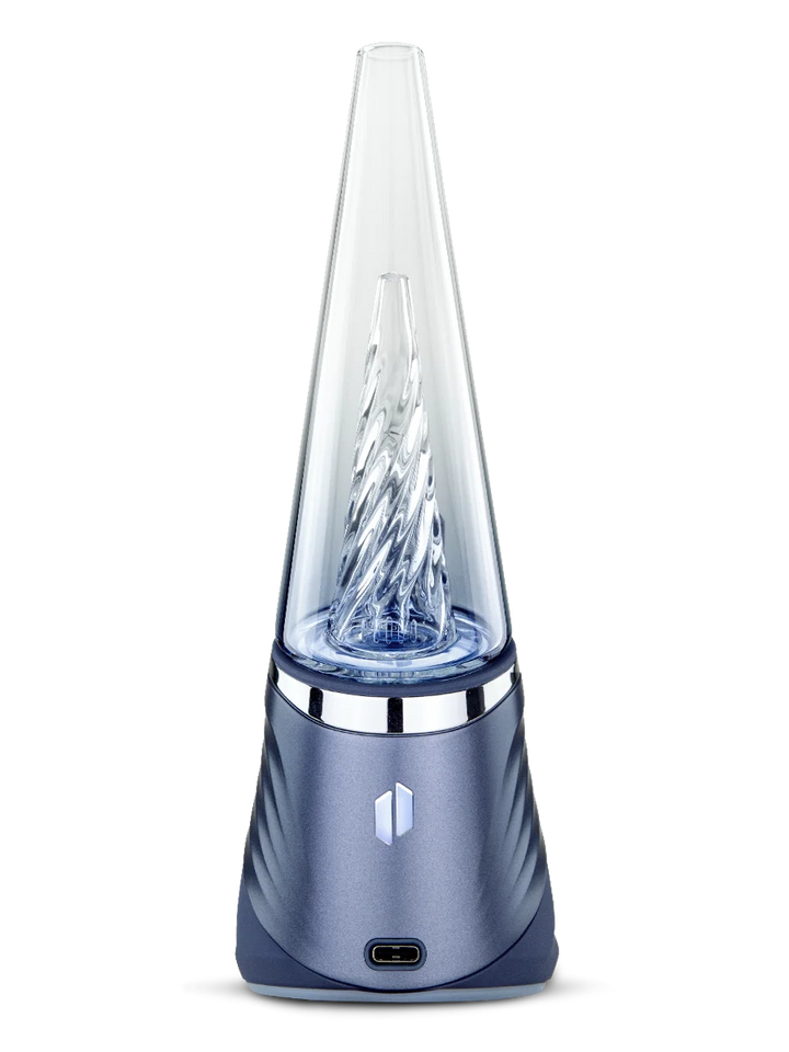 Puffco Peak Pro 3DXL Storm – close back shot of cone glass and chamber sitting on blue base.
