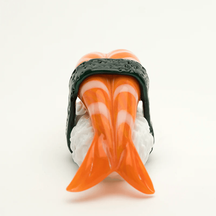 Empire Glassworks Shrimp Nigiri Pipe shaped like sushi with orange shrimp, white rice base, and black seaweed wrap, made from borosilicate glass.