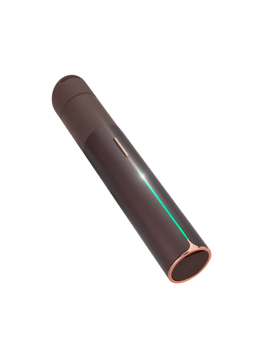 Puffco Pivot Mocha – floating image highlighting warm brown metallic finish and LED strip.