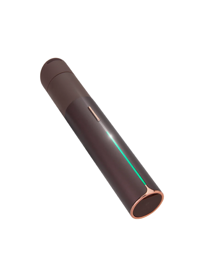 Puffco Pivot Mocha – floating image highlighting warm brown metallic finish and LED strip.